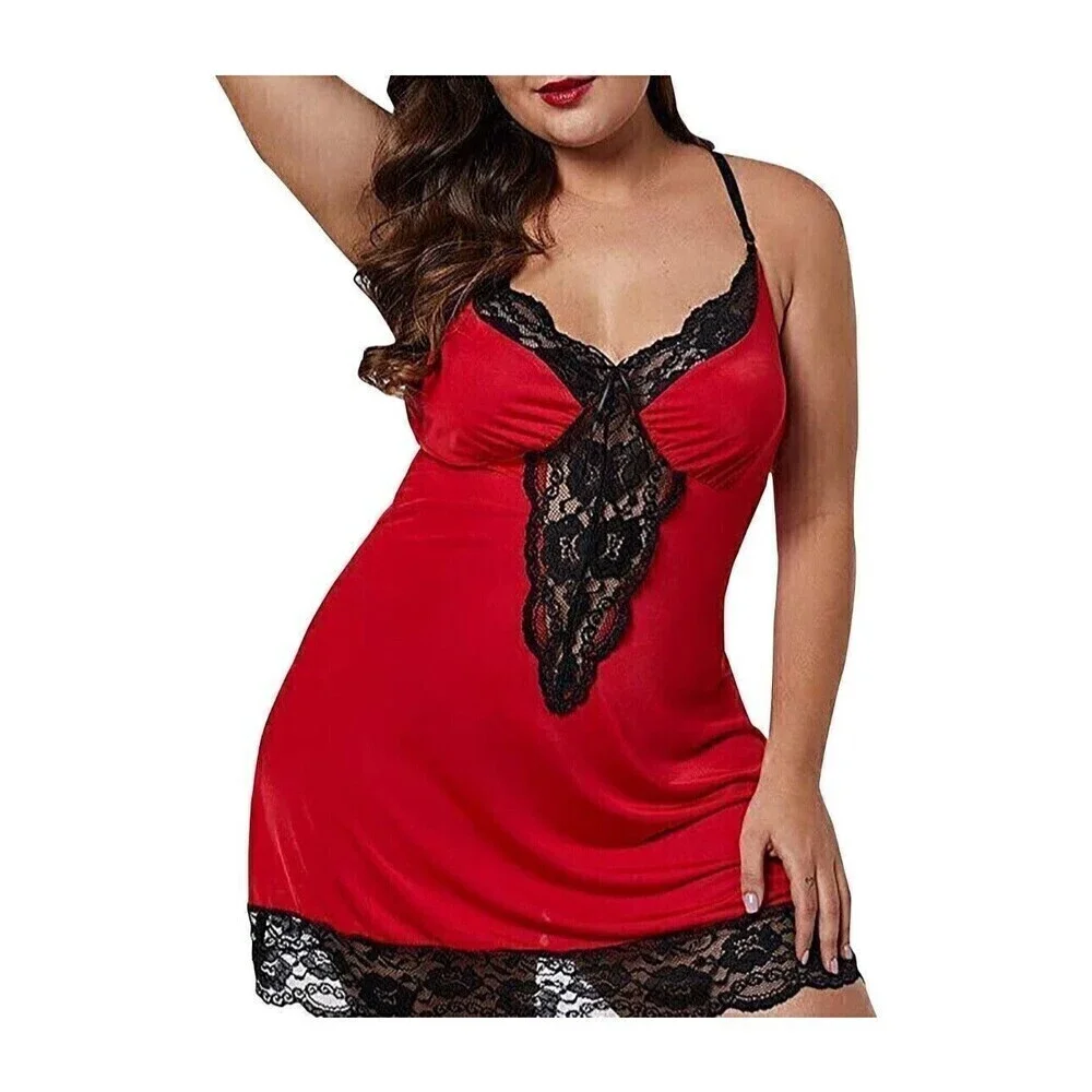 Red Nightgown Set Black Lace Stretchy Size Small Lingerie